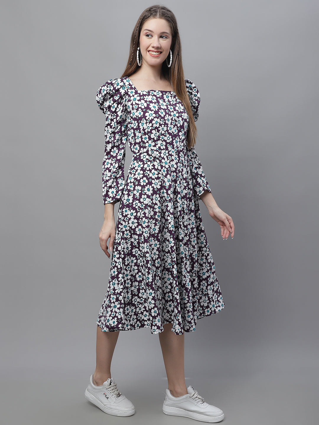 Jainish Women's WoFloral Print Square Neck Puff Sleeved flared Dress - Purple - Distacart