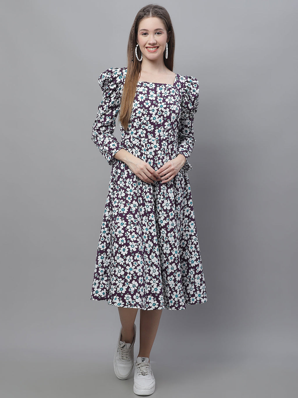 Jainish Women's WoFloral Print Square Neck Puff Sleeved flared Dress - Purple - Distacart
