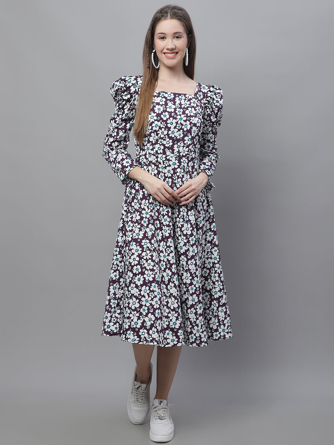 Jainish Women's WoFloral Print Square Neck Puff Sleeved flared Dress - Purple - Distacart