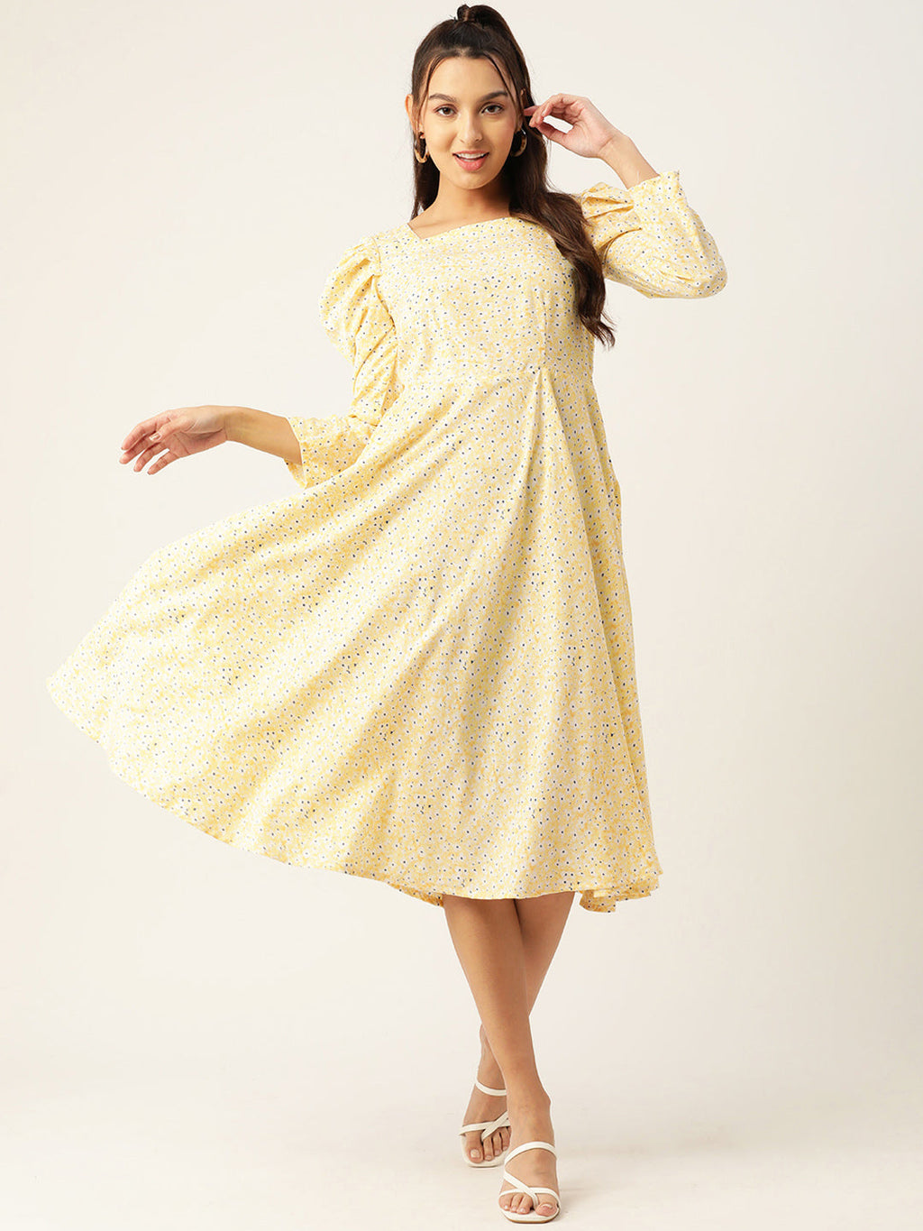 Jainish Women's Floral Print Puff Sleeves Crepe Midi Dress - Distacart