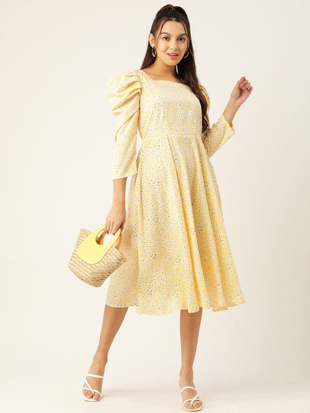 Jainish Women's Floral Print Puff Sleeves Crepe Midi Dress - Distacart