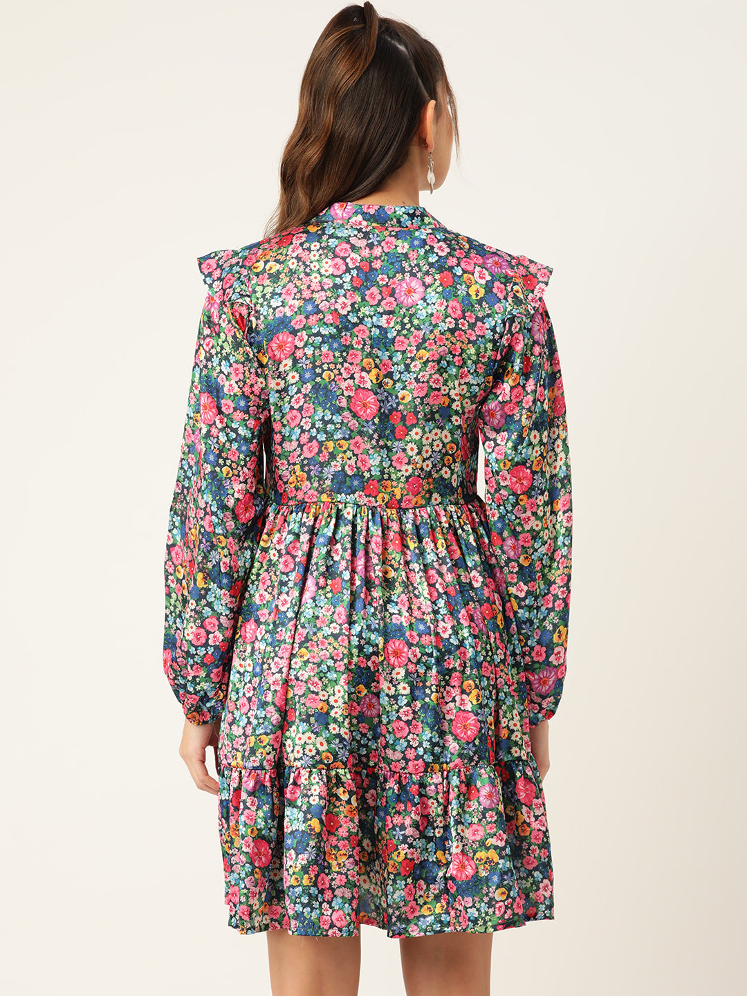 Jainish Women's Blue & Pink Floral Printed Puff Sleeves Tiered Satin Dress - Distacart