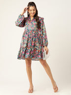 Jainish Women's Blue & Pink Floral Printed Puff Sleeves Tiered Satin Dress - Distacart