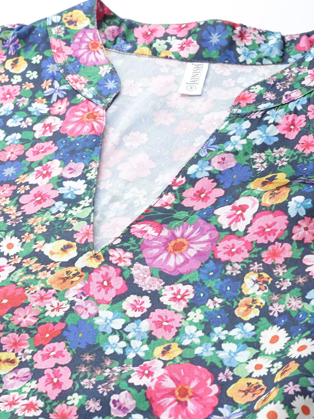 Jainish Women's Blue & Pink Floral Printed Puff Sleeves Tiered Satin Dress - Distacart