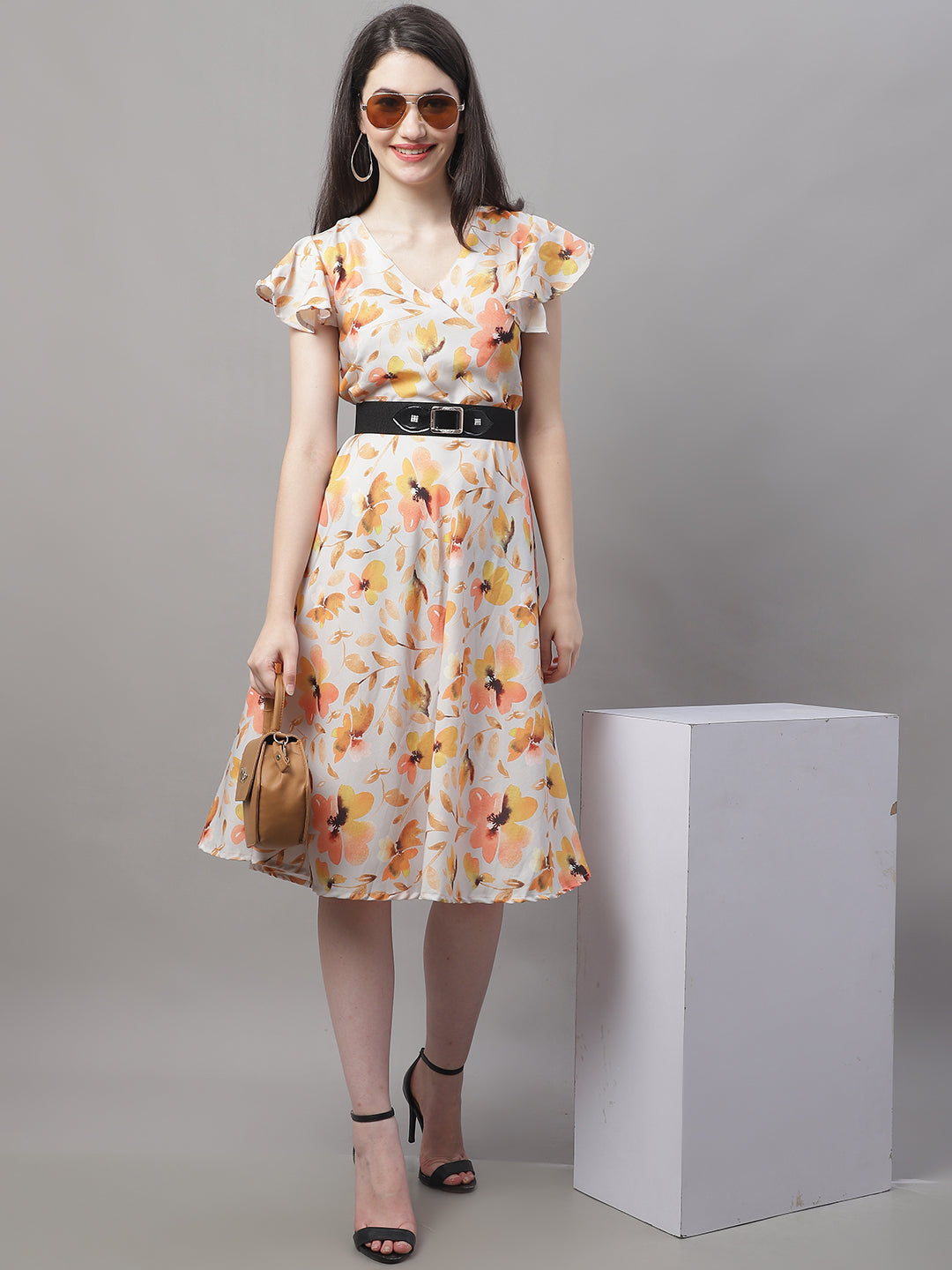Jainish Women's Orange Printed A-Line Dresses With Belt - Distacart