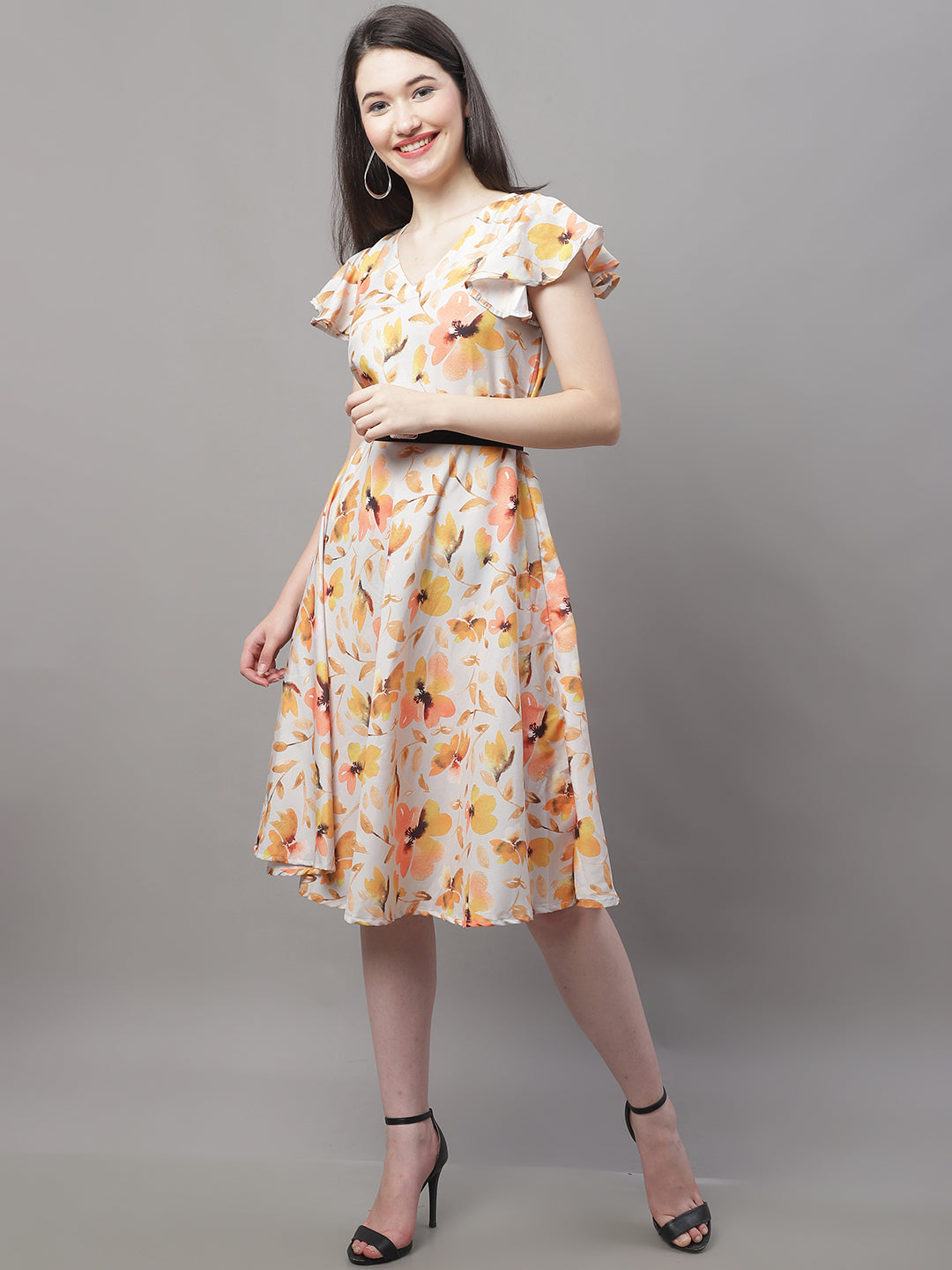 Jainish Women's Orange Printed A-Line Dresses With Belt - Distacart