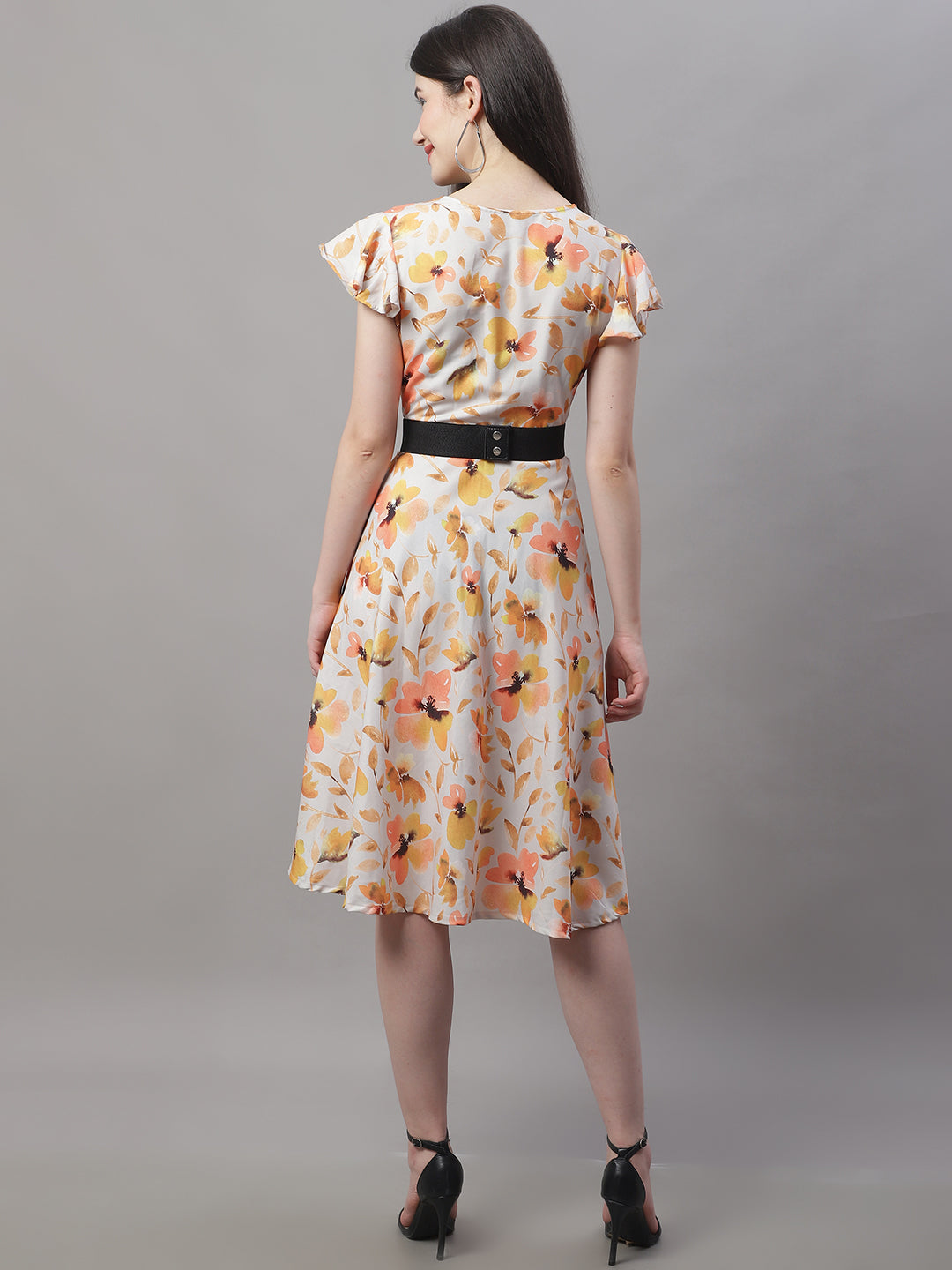 Jainish Women's Orange Printed A-Line Dresses With Belt - Distacart