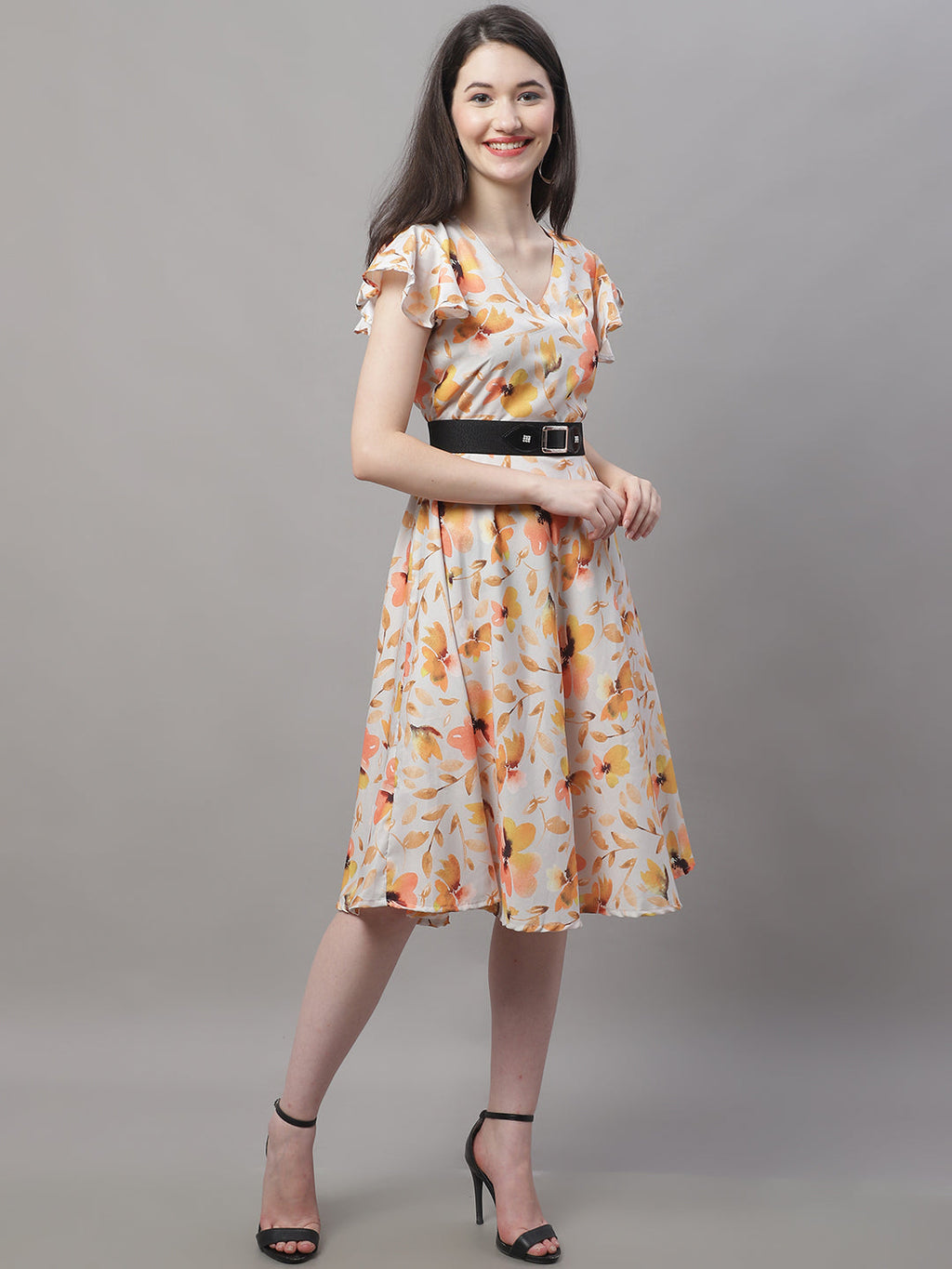 Jainish Women's Orange Printed A-Line Dresses With Belt - Distacart