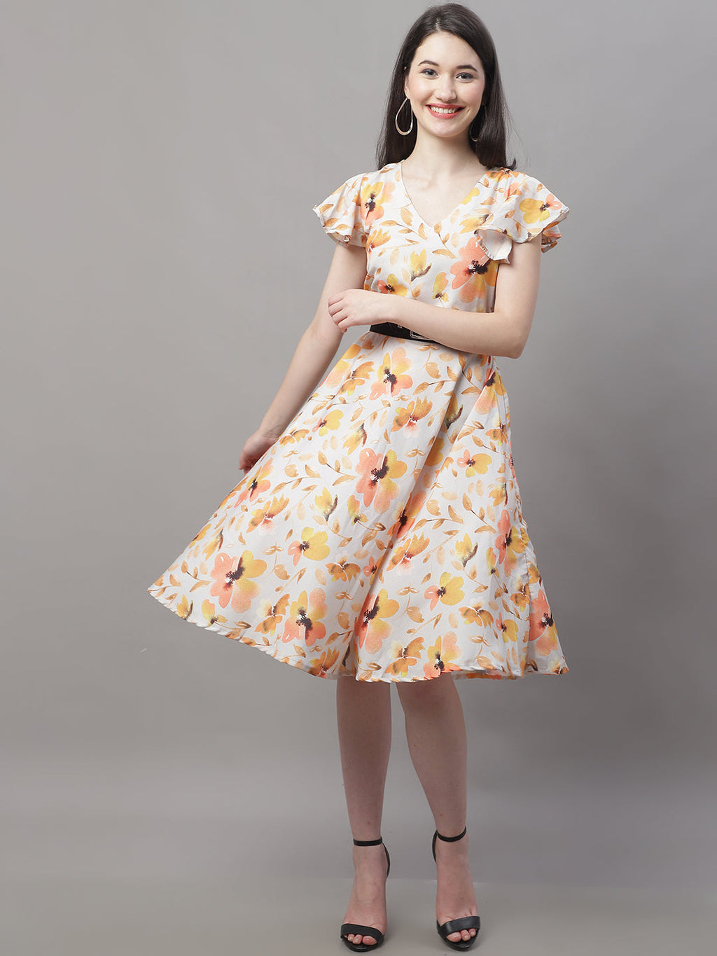 Jainish Women's Orange Printed A-Line Dresses With Belt - Distacart