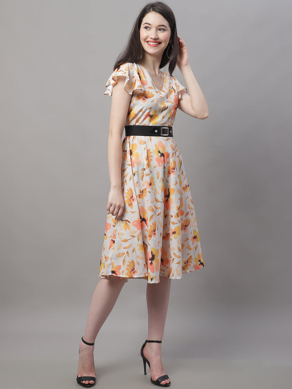 Jainish Women's Orange Printed A-Line Dresses With Belt - Distacart