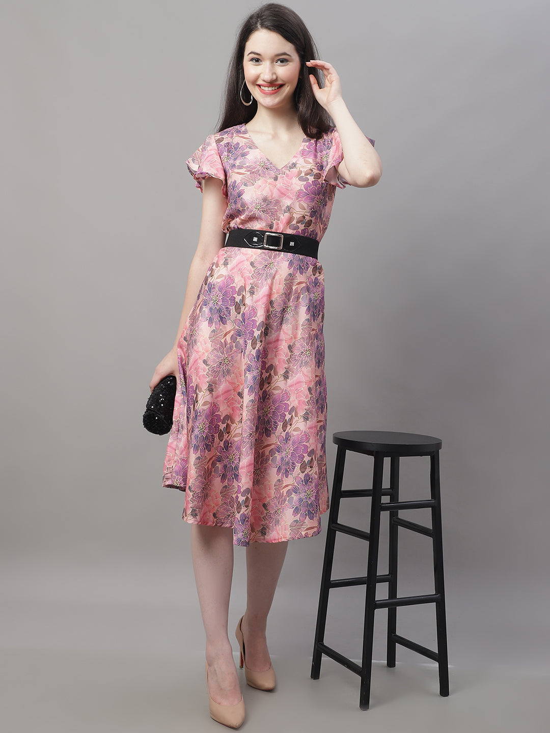 Jainish Women's Pink Printed A-Line Dresses With Belt - Distacart