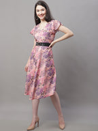 Jainish Women's Pink Printed A-Line Dresses With Belt - Distacart