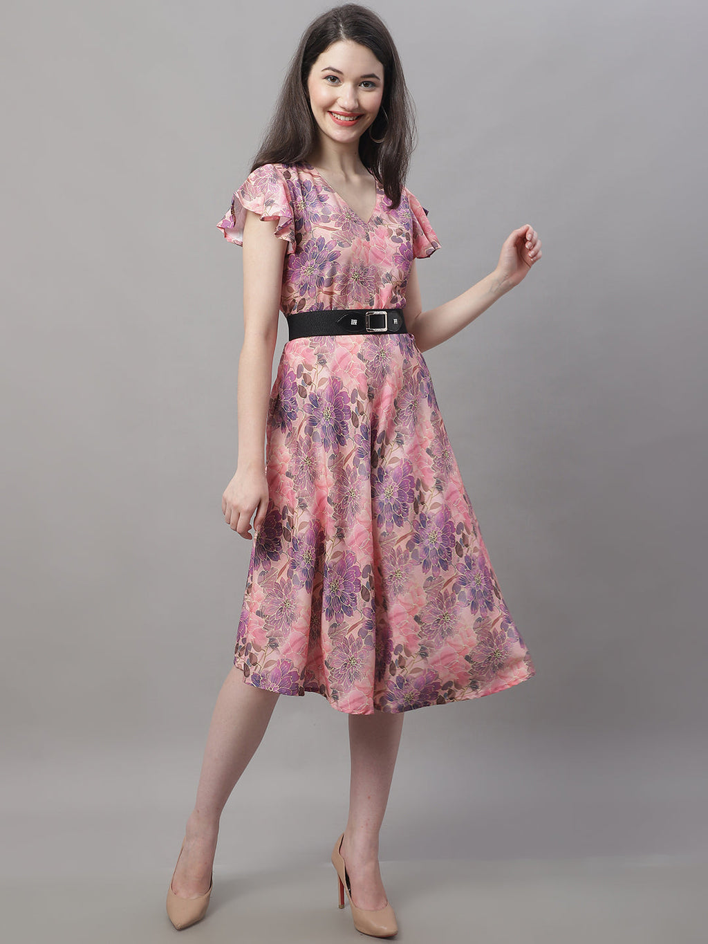 Jainish Women's Pink Printed A-Line Dresses With Belt - Distacart