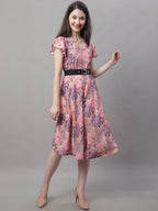 Jainish Women's Pink Printed A-Line Dresses With Belt - Distacart