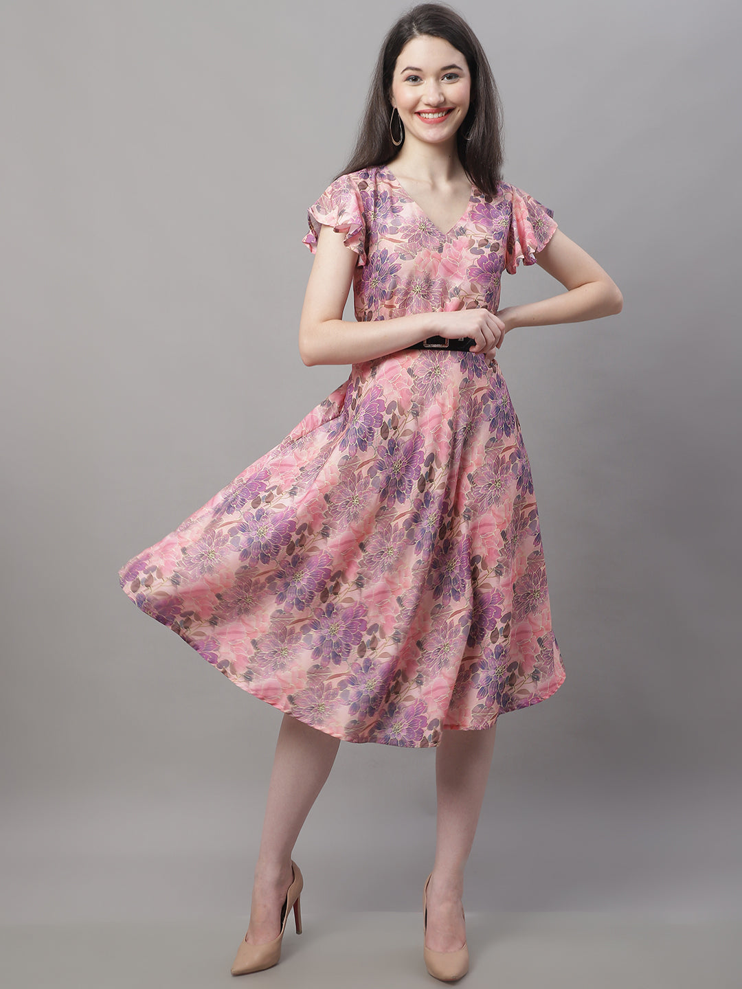Jainish Women's Pink Printed A-Line Dresses With Belt - Distacart