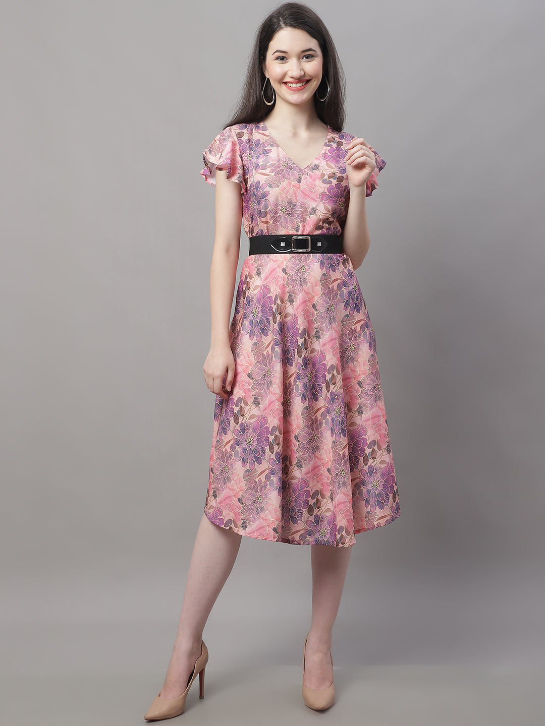 Jainish Women's Pink Printed A-Line Dresses With Belt - Distacart