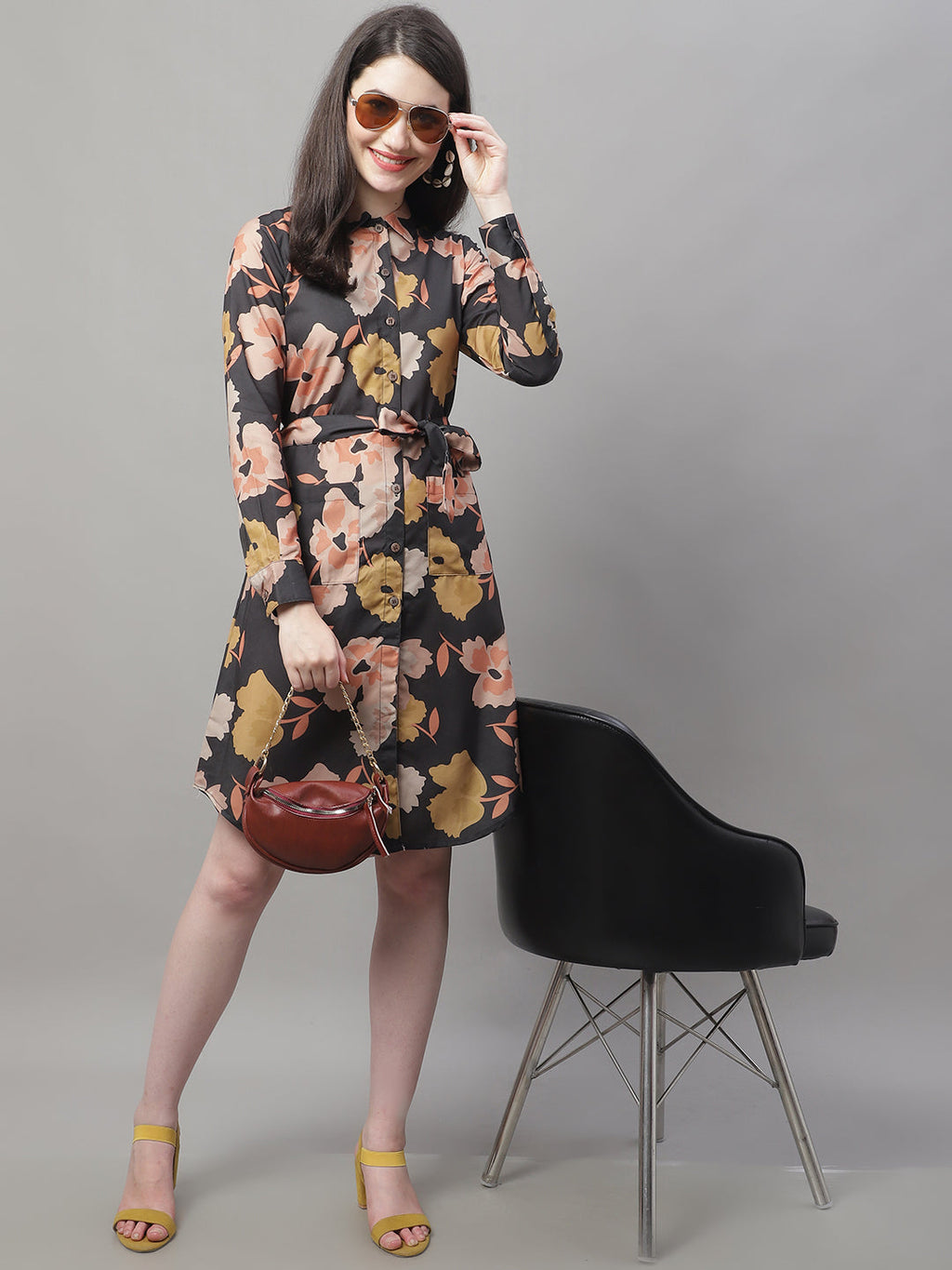 Jainish Women's Black Printed A-Line Dresses With Belt - Distacart