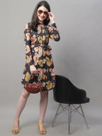 Jainish Women's Black Printed A-Line Dresses With Belt - Distacart