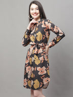 Jainish Women's Black Printed A-Line Dresses With Belt - Distacart