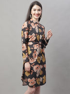 Jainish Women's Black Printed A-Line Dresses With Belt - Distacart