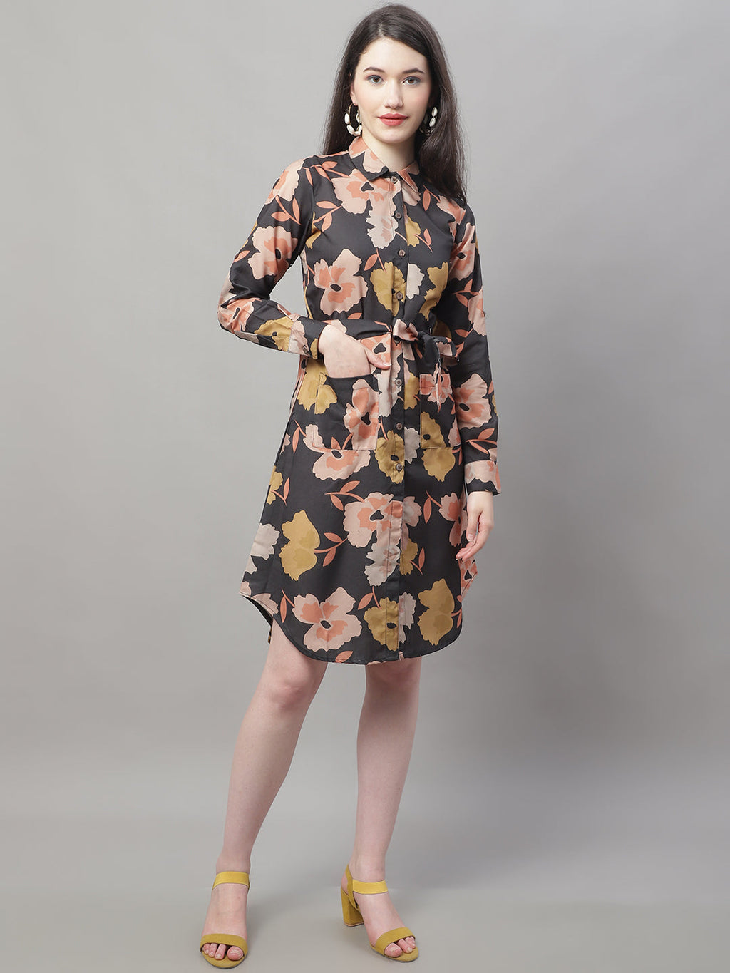 Jainish Women's Black Printed A-Line Dresses With Belt - Distacart