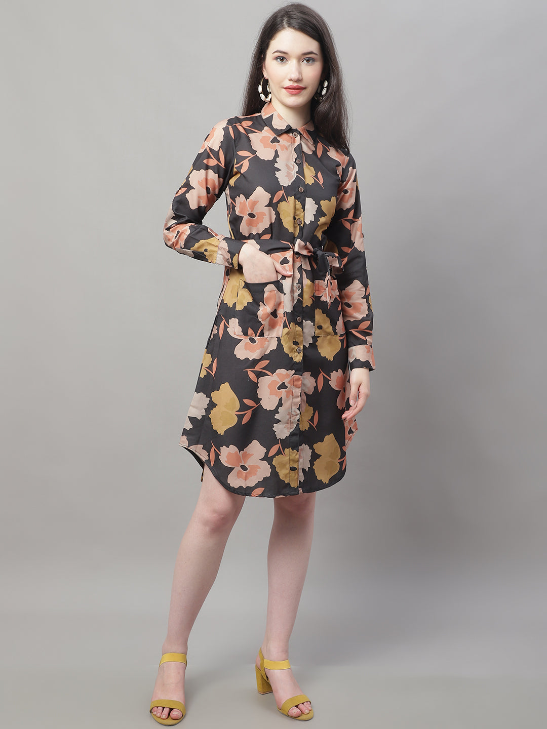 Jainish Women's Black Printed A-Line Dresses With Belt - Distacart