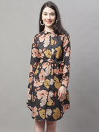 Jainish Women's Black Printed A-Line Dresses With Belt - Distacart