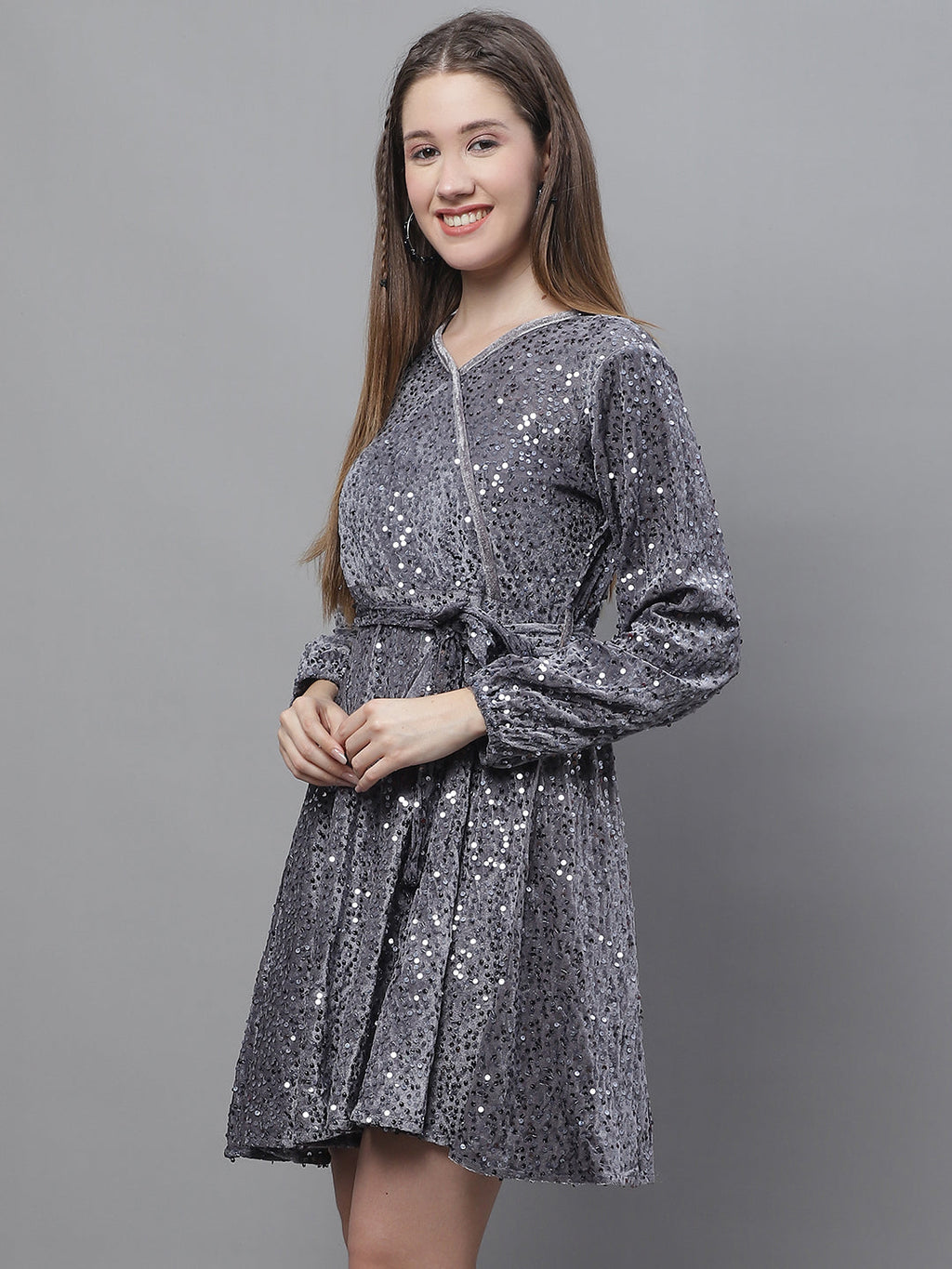 Jainish Women's WoSequin Velvet A-line dress - Grey - Distacart