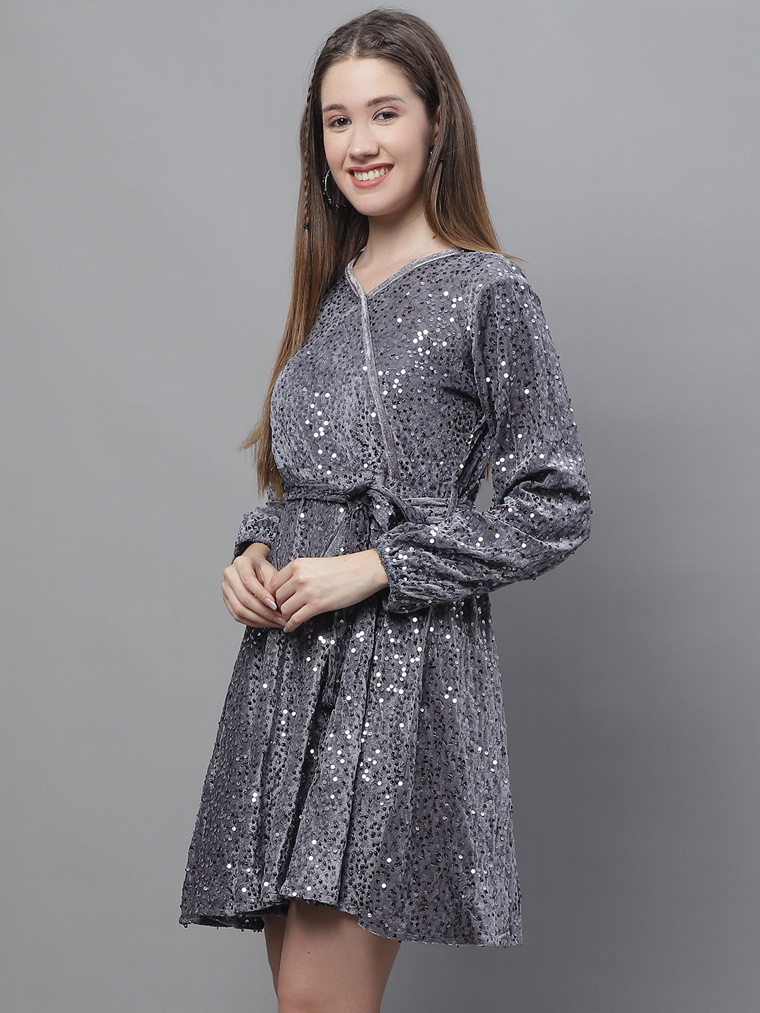 Jainish Women's WoSequin Velvet A-line dress - Grey - Distacart