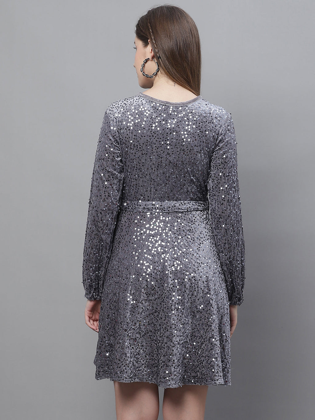 Jainish Women's WoSequin Velvet A-line dress - Grey - Distacart