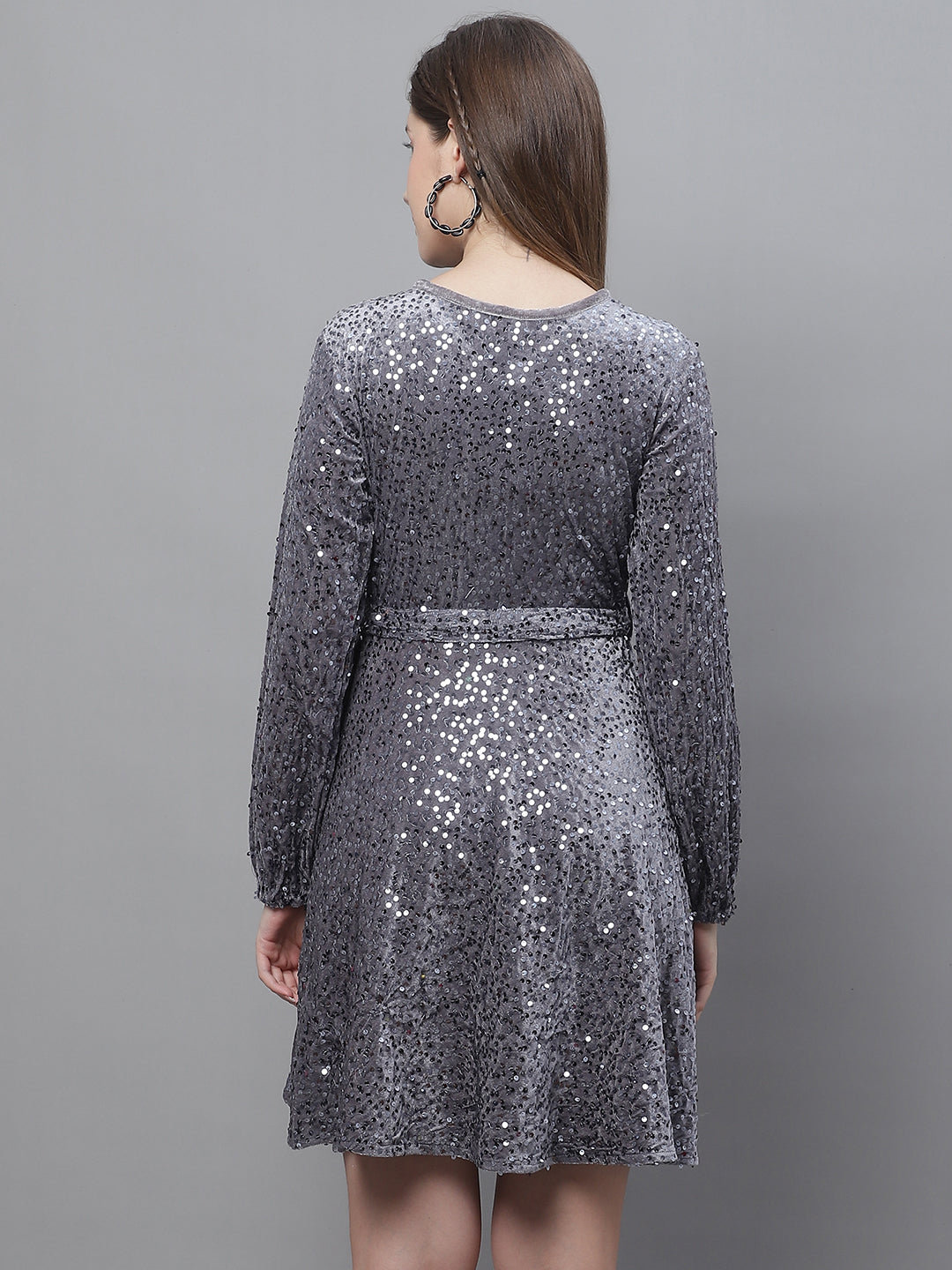 Jainish Women's WoSequin Velvet A-line dress - Grey - Distacart