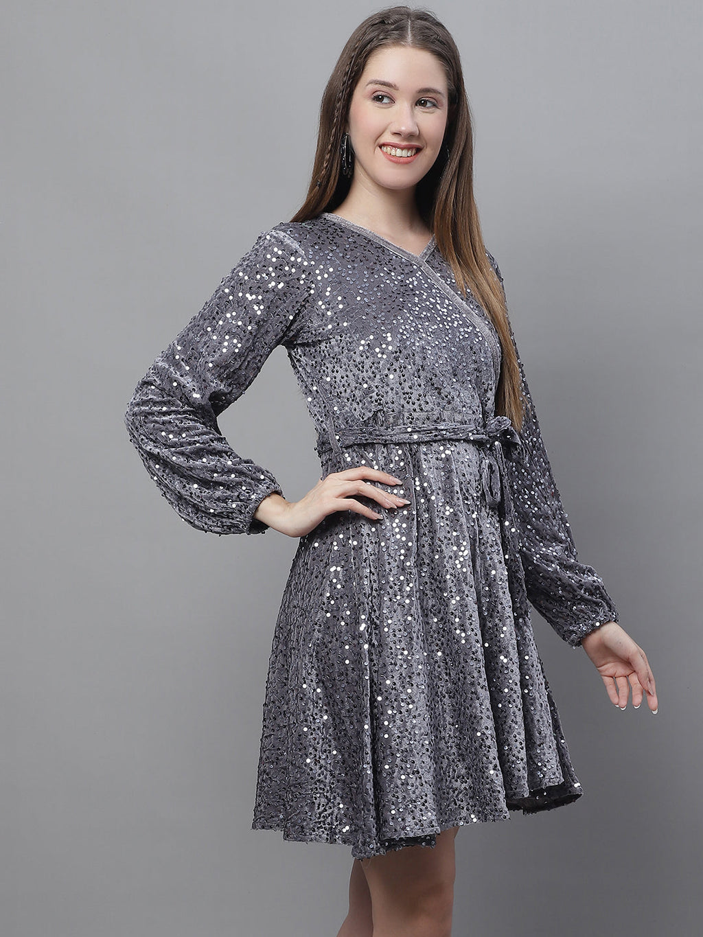 Jainish Women's WoSequin Velvet A-line dress - Grey - Distacart