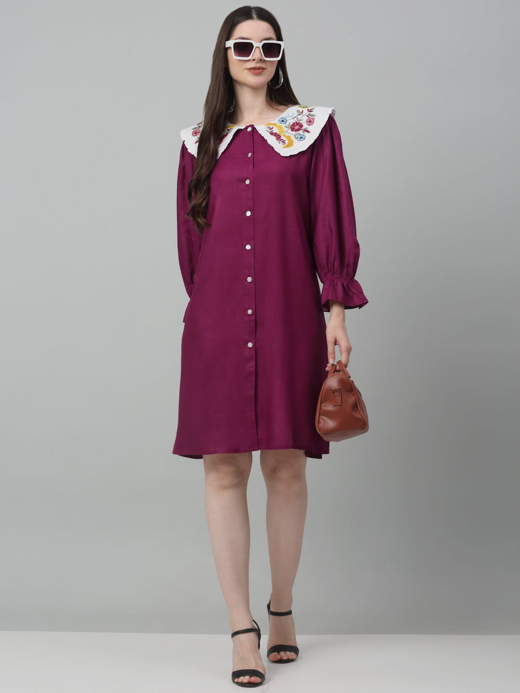 Jainish Women's WoFloral Embroidered A-line Dress - Purple - Distacart