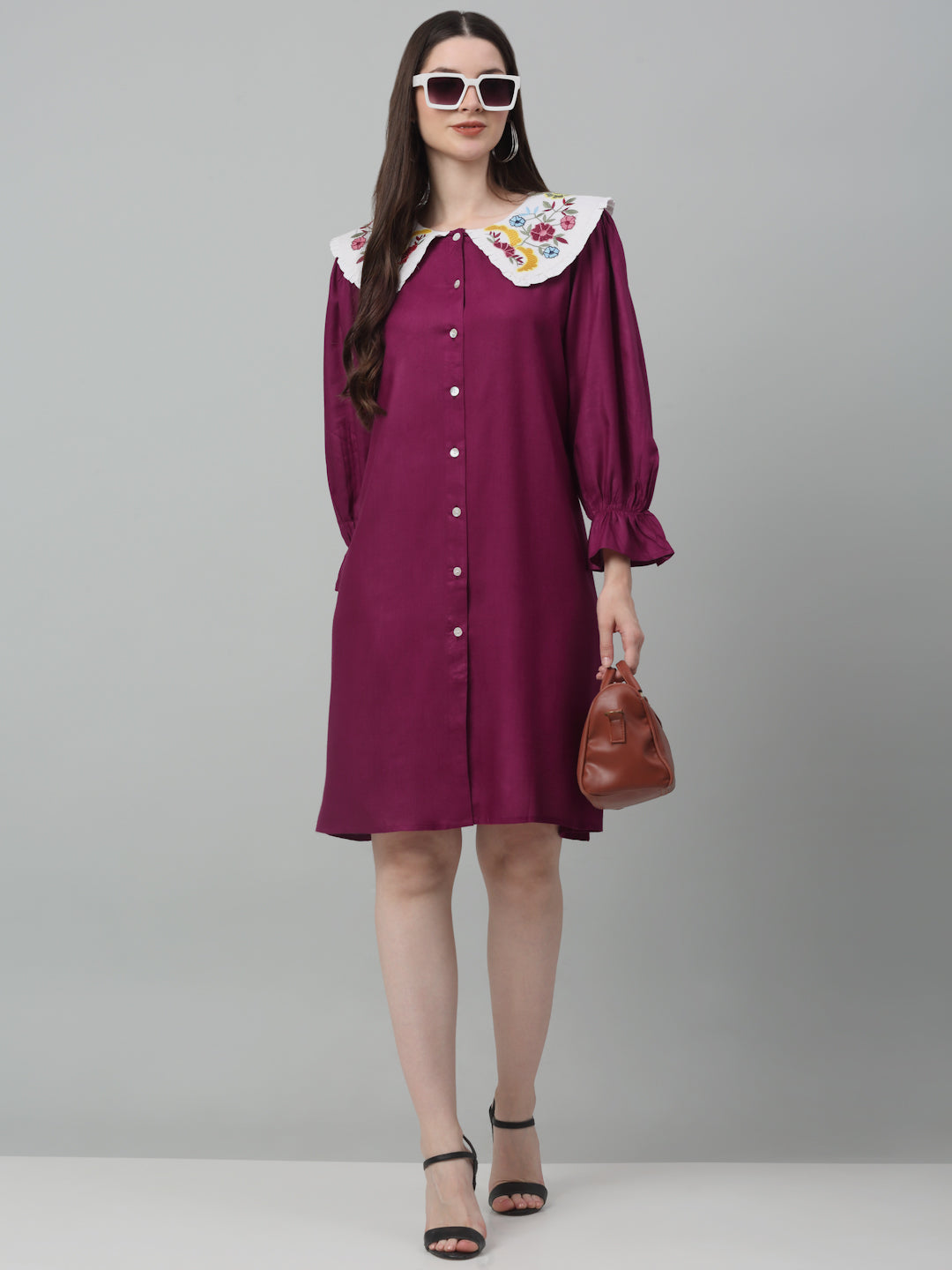 Jainish Women's WoFloral Embroidered A-line Dress - Purple - Distacart