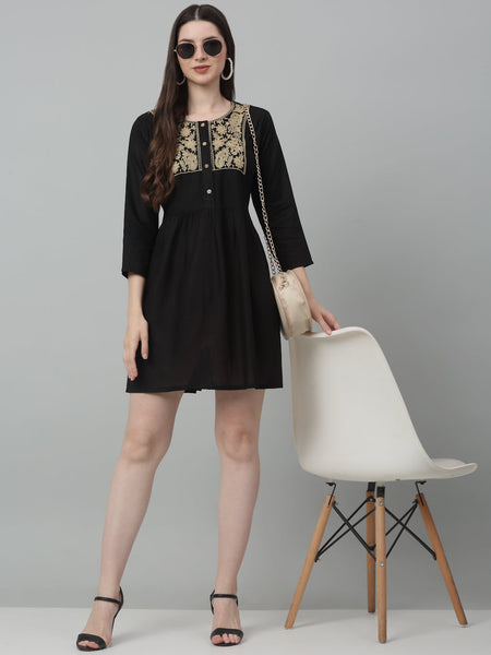 Jainish Women's WoEmbroidered A-line Dress - Black