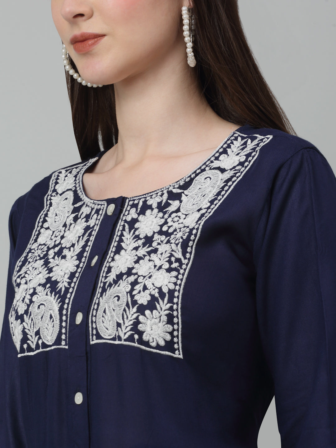 Jainish Women's WoEmbroidered A-line Dress - Navy Blue - Distacart