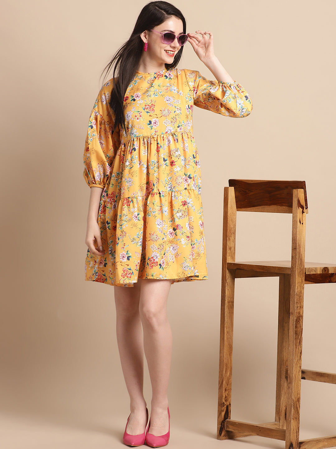 Jainish Women's Yellow Printed A-Line Dress - Distacart