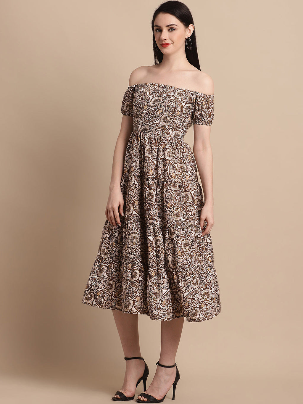 Jainish Women's WoBrown Printed off-Shoulder Dress - Distacart
