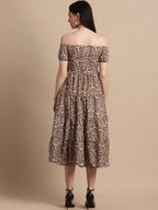 Jainish Women's WoBrown Printed off-Shoulder Dress - Distacart