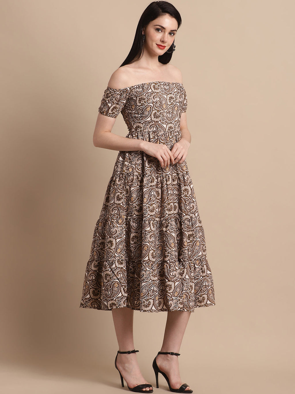 Jainish Women's WoBrown Printed off-Shoulder Dress - Distacart