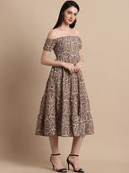 Jainish Women's WoBrown Printed off-Shoulder Dress - Distacart
