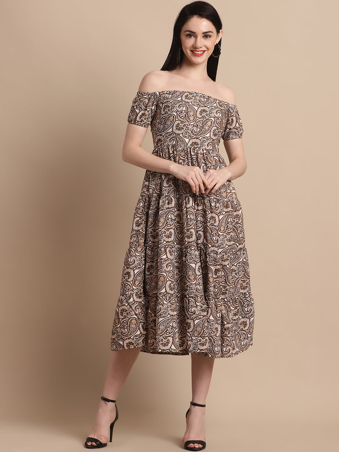 Jainish Women's WoBrown Printed off-Shoulder Dress - Distacart