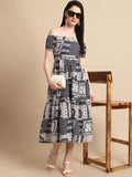 Jainish Women's WoNavy Blue Printed off-Shoulder Dress - Distacart
