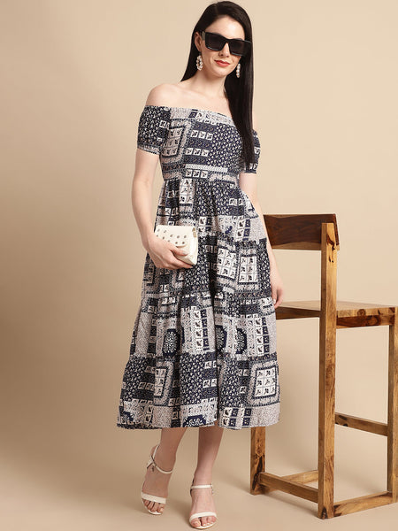 Jainish Women's WoNavy Blue Printed off-Shoulder Dress