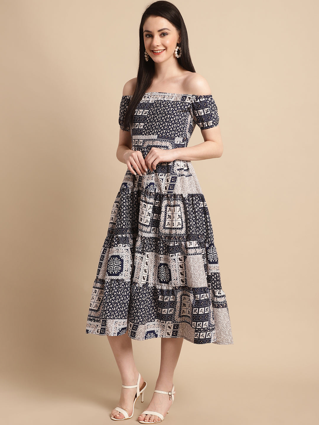 Jainish Women's WoNavy Blue Printed off-Shoulder Dress - Distacart