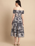 Jainish Women's WoNavy Blue Printed off-Shoulder Dress - Distacart
