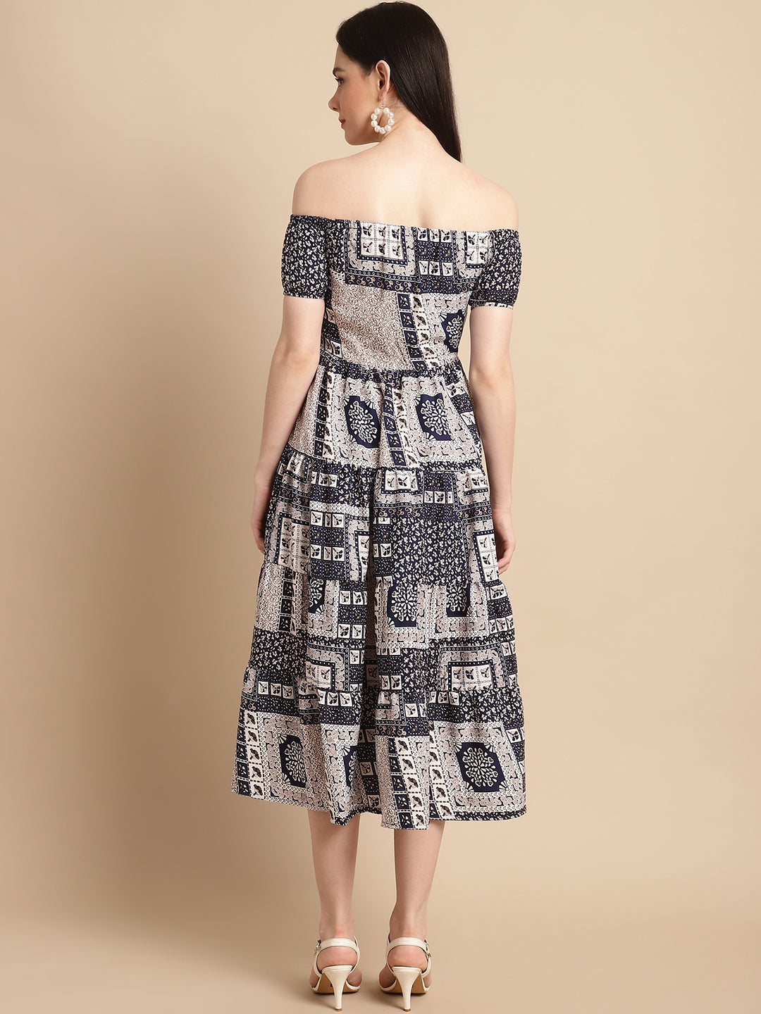 Jainish Women's WoNavy Blue Printed off-Shoulder Dress - Distacart