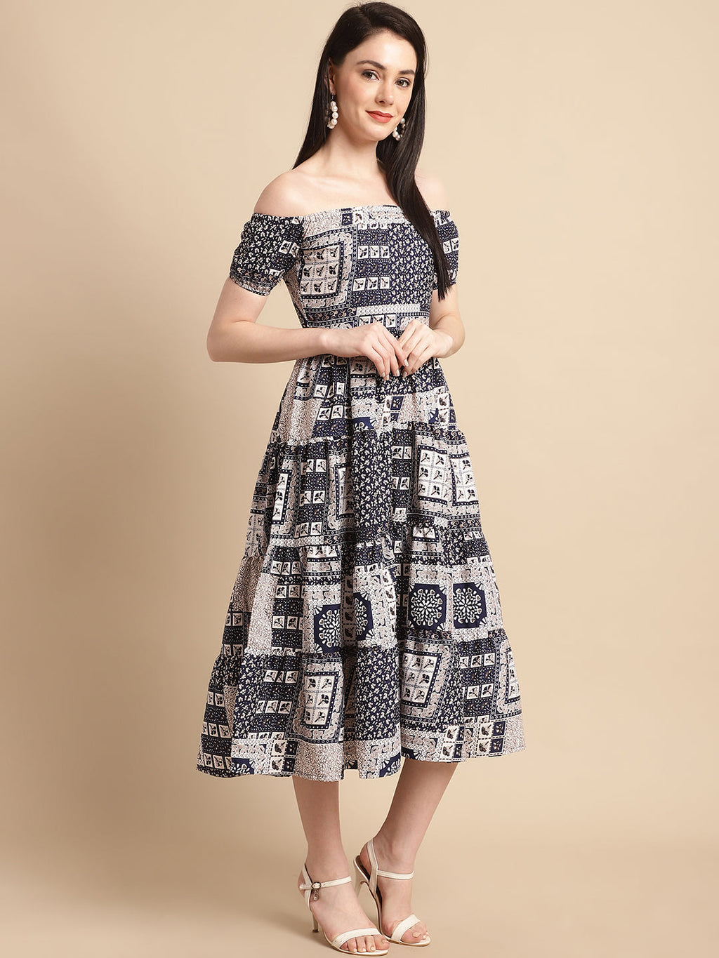 Jainish Women's WoNavy Blue Printed off-Shoulder Dress - Distacart