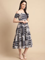 Jainish Women's WoNavy Blue Printed off-Shoulder Dress - Distacart