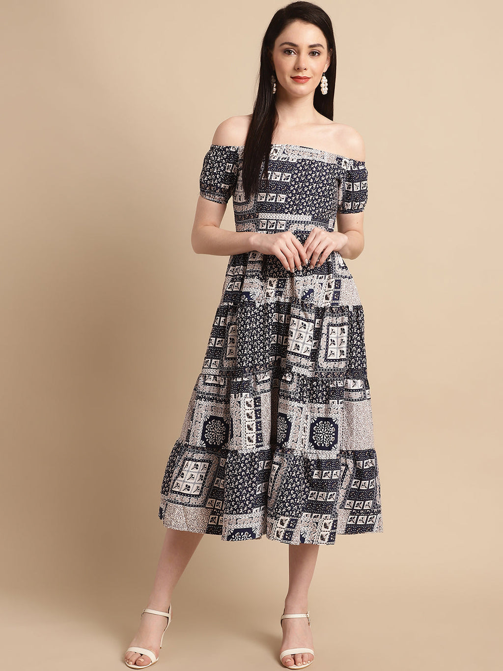 Jainish Women's WoNavy Blue Printed off-Shoulder Dress - Distacart